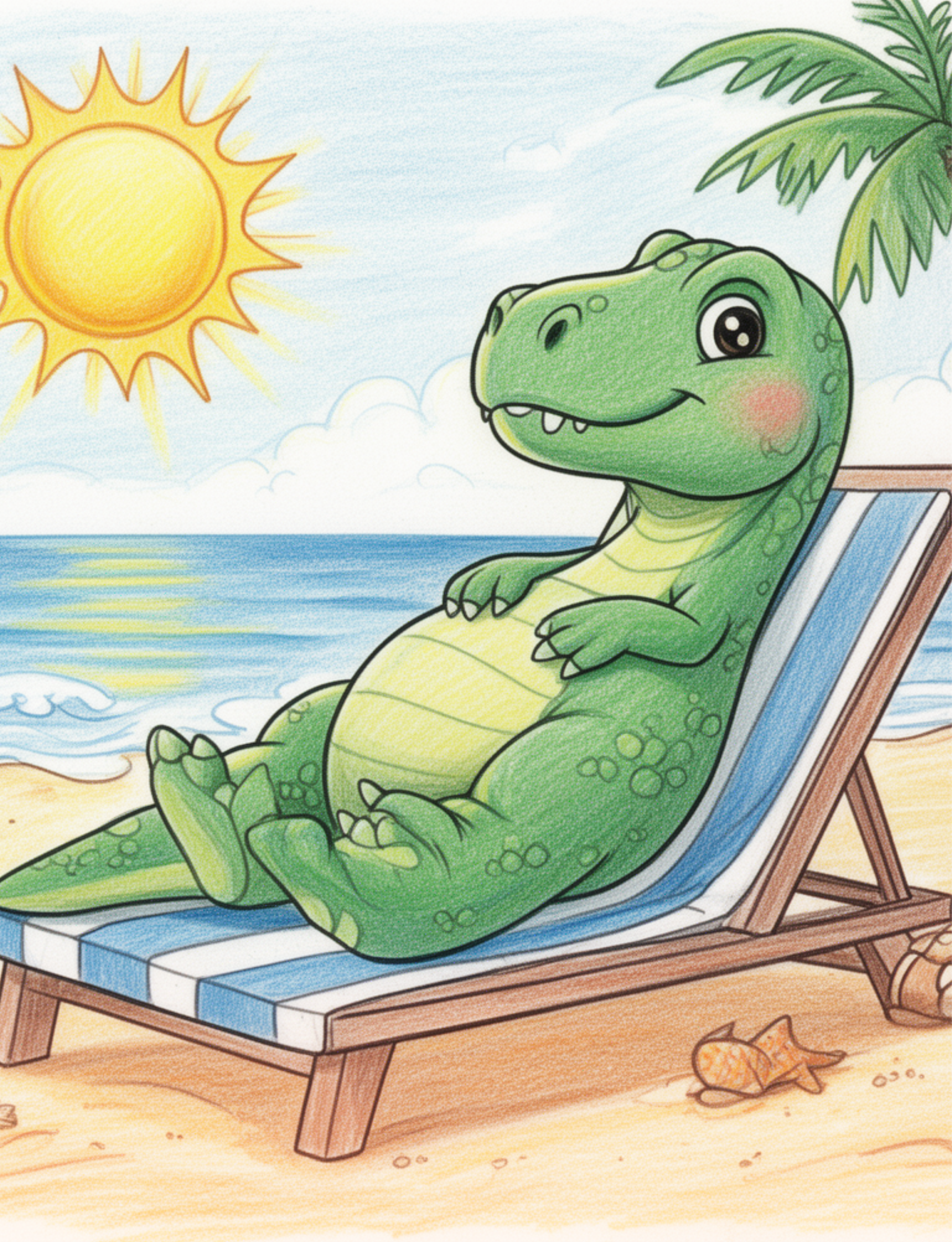 Dinosaur Summer printable coloring book cover - beach scene PDF for kids