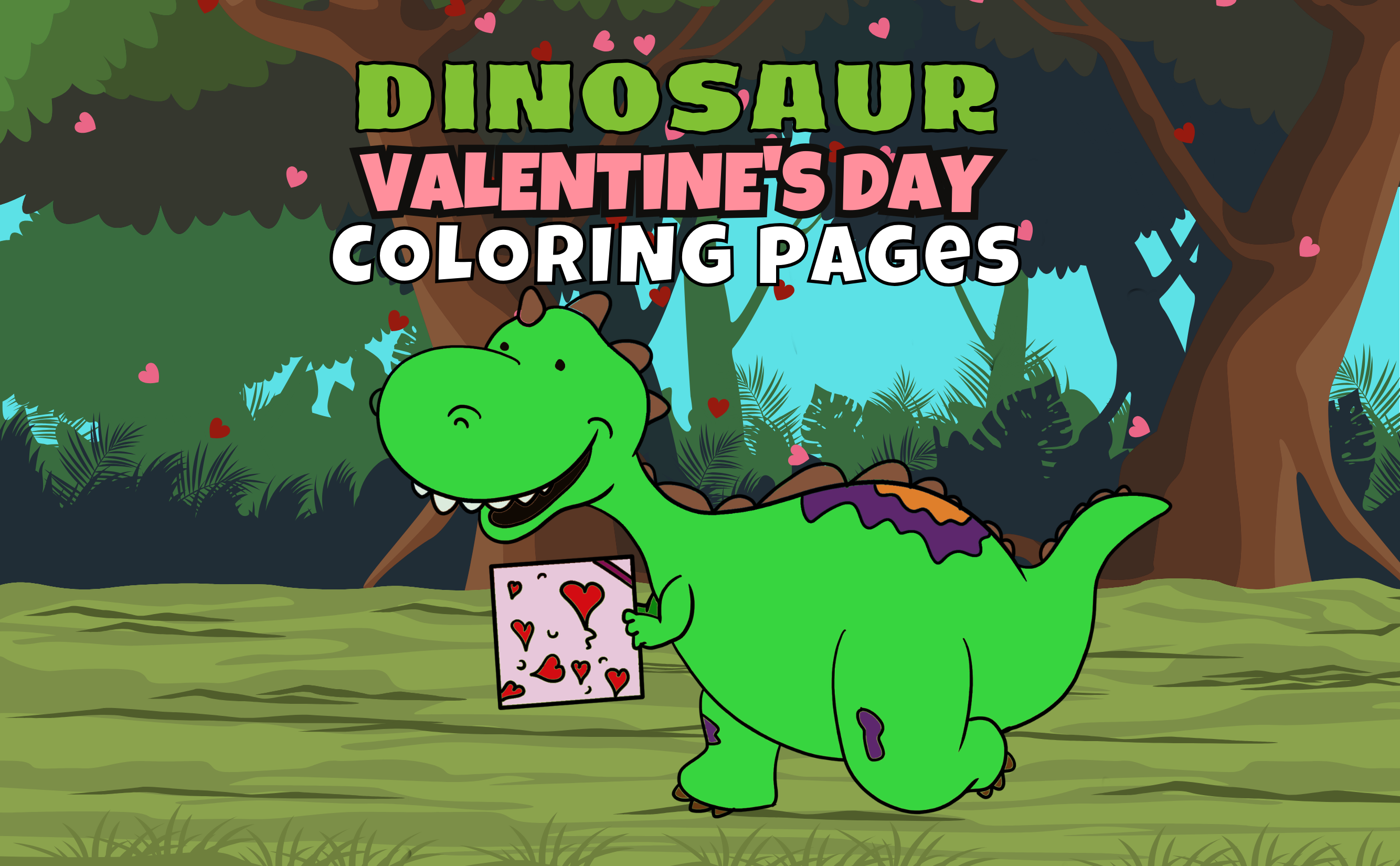 Dino Valentine's Day printable coloring book cover - sweet dinosaurs with hearts PDF for kids