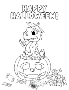 Dino Halloween printable coloring book cover - fierce dinosaurs in Halloween costumes PDF for kids