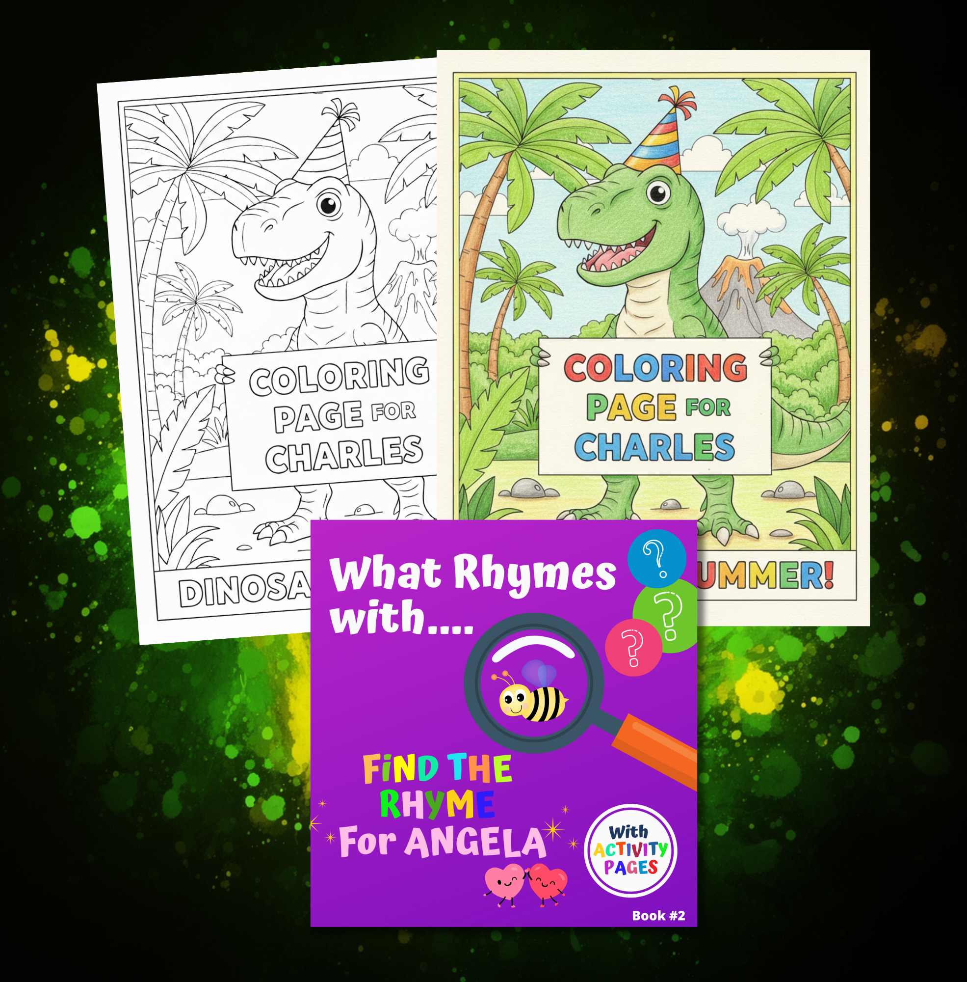 Custom personalized dinosaur coloring book cover with child's name - full color and line-art coloring page versions