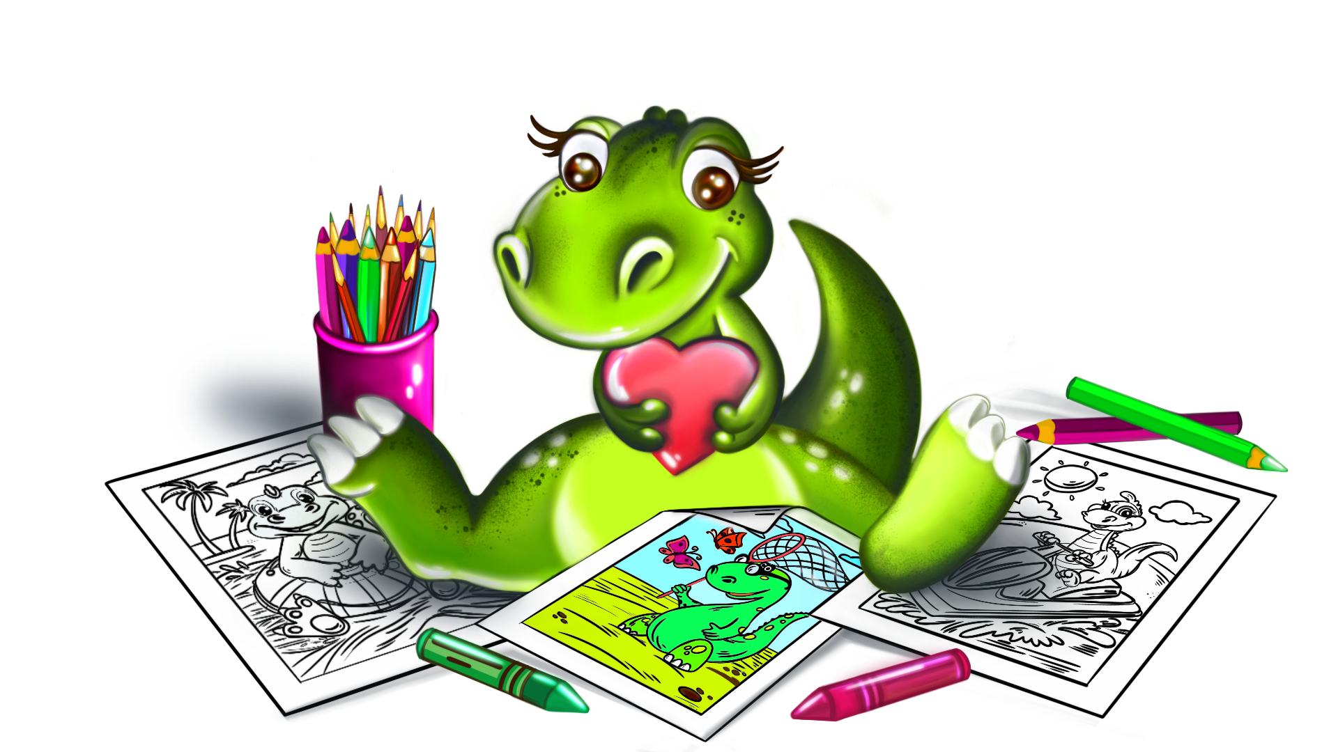Cute cartoon dinosaur mascot for dinosaur-coloring-pages.com printable coloring books